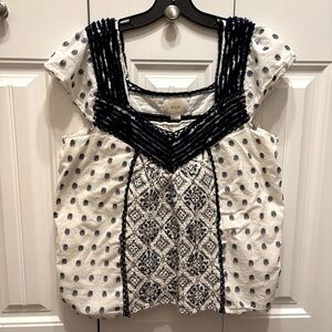 Anthro Maeve Women's Blue and White Patterned Top